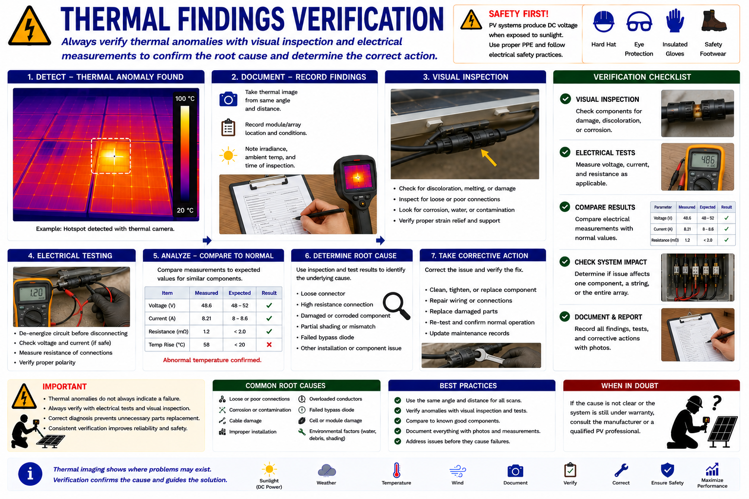 PV thermal finding verification process showing thermal anomaly, visual inspection, monitoring review, electrical testing, diagnosis, repair, and final verification