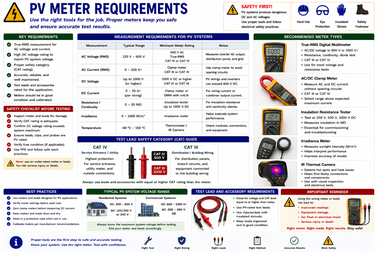 PV meter requirements showing digital multimeter, AC and DC clamp meter, insulation resistance tester, irradiance meter, thermal camera, test leads, and measurement category considerations