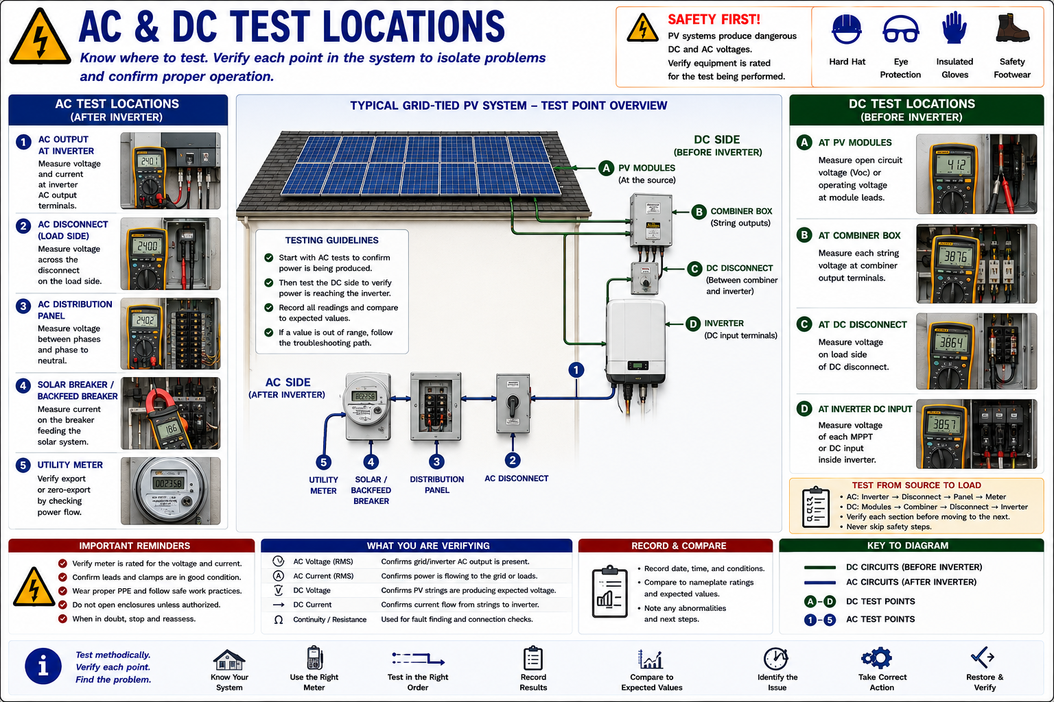 AC and DC photovoltaic test locations showing modules, combiner box, DC disconnect, inverter, AC disconnect, distribution panel, solar breaker, and utility connection