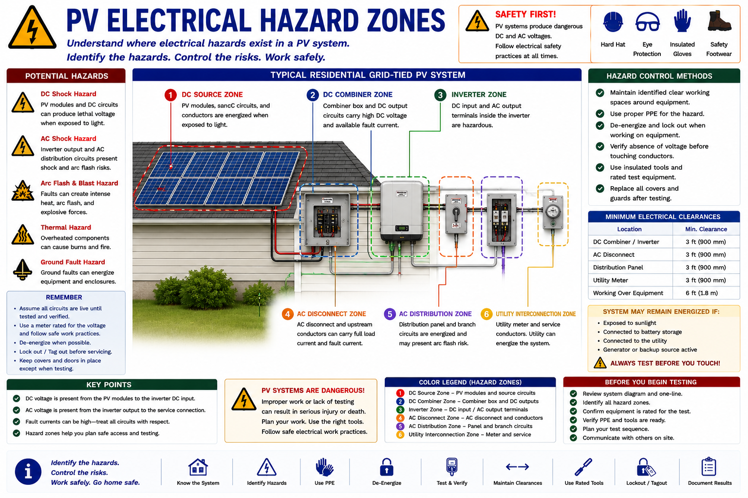 Photovoltaic electrical hazard zones showing DC source circuits, combiner equipment, inverter, AC disconnect, distribution equipment, and utility interconnection
