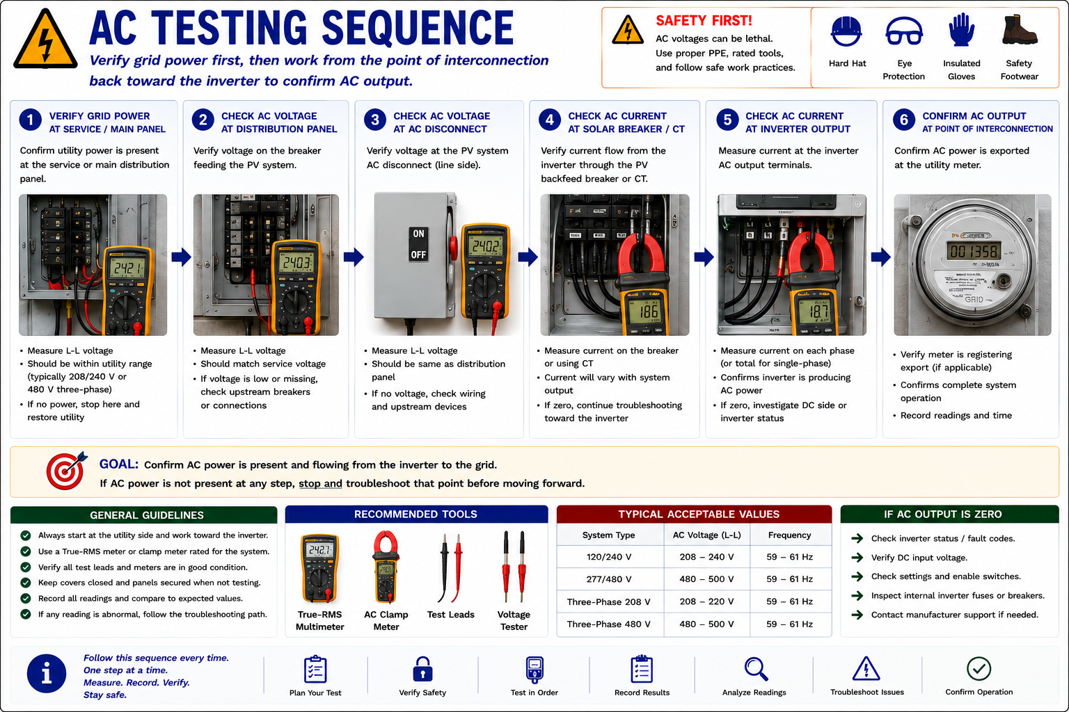PV system AC testing sequence beginning with utility and distribution equipment and progressing toward the inverter output