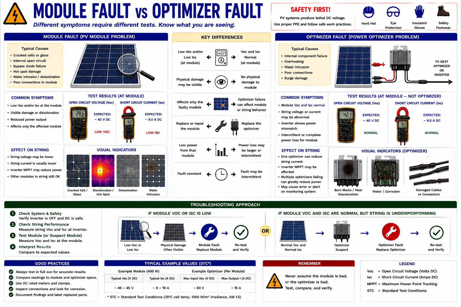 Diagnostic comparison between photovoltaic module failure and power optimizer failure