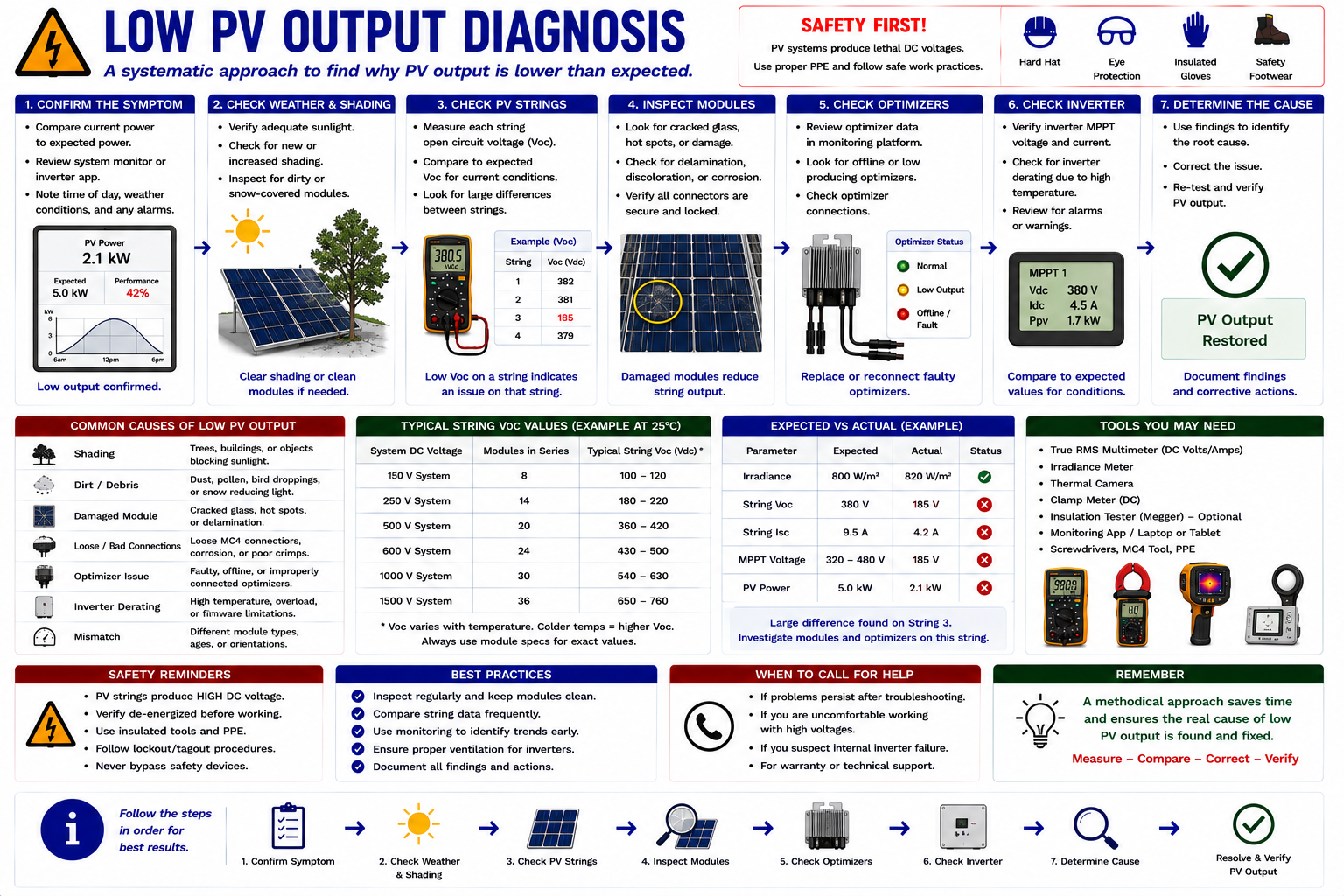 Low photovoltaic output diagnostic flowchart considering weather, shading, inverter operation, DC strings, modules, and electrical faults