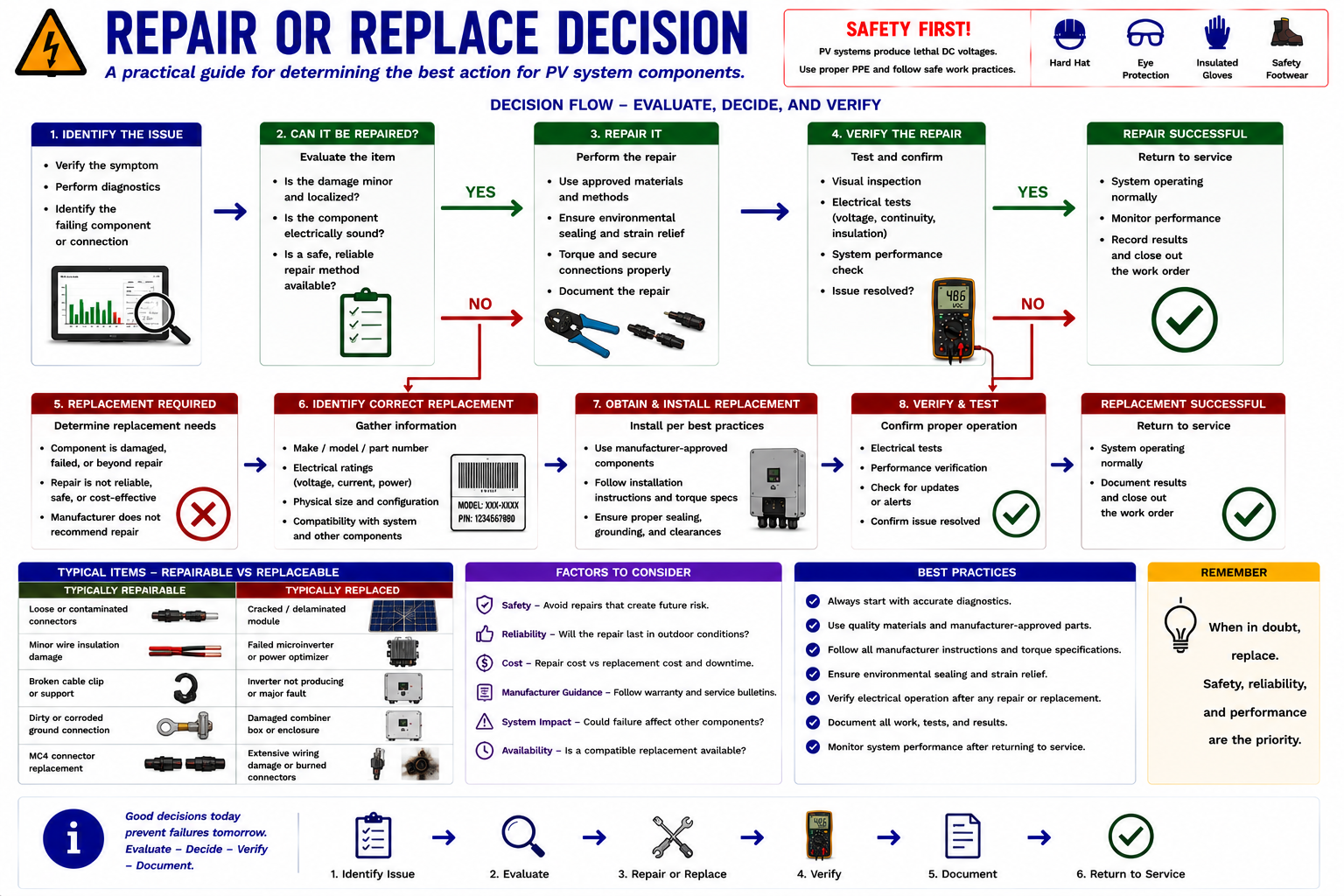 PV repair or replace decision process comparing repairable wiring and connector faults with components that generally require replacement