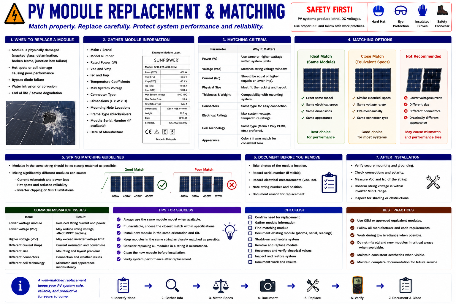 PV module replacement matching comparison including power, Voc, Vmp, Isc, Imp, dimensions, connectors, mounting, and string compatibility