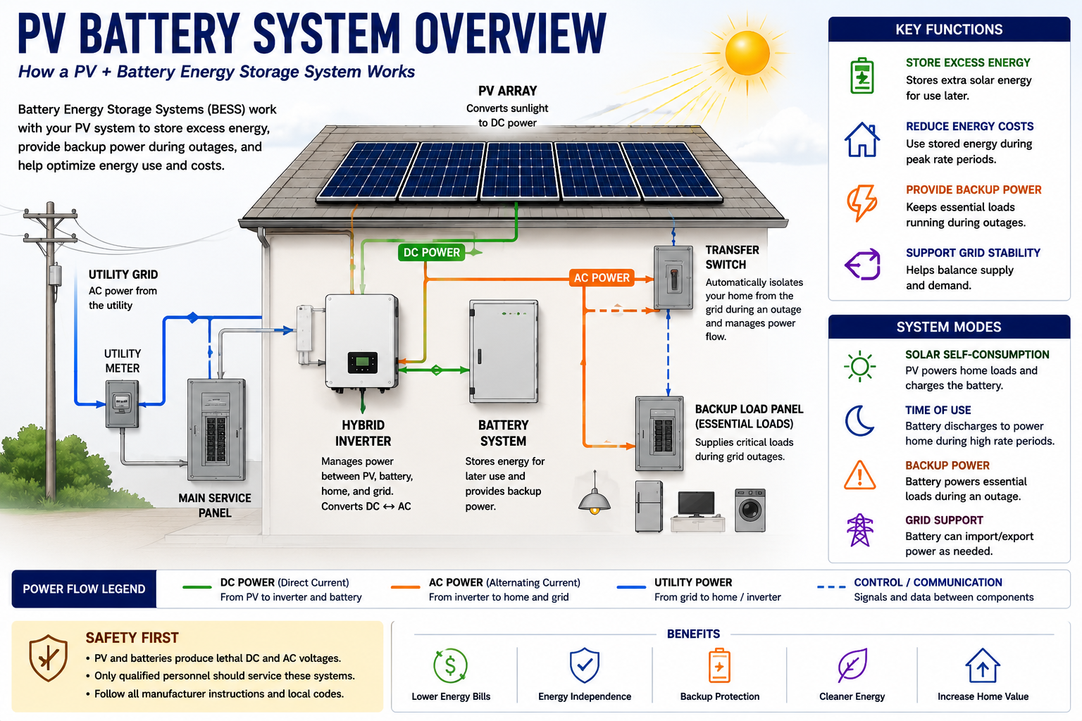 Overview of a photovoltaic solar system with battery energy storage showing PV generation, battery storage, utility connection, power conversion equipment, and building loads