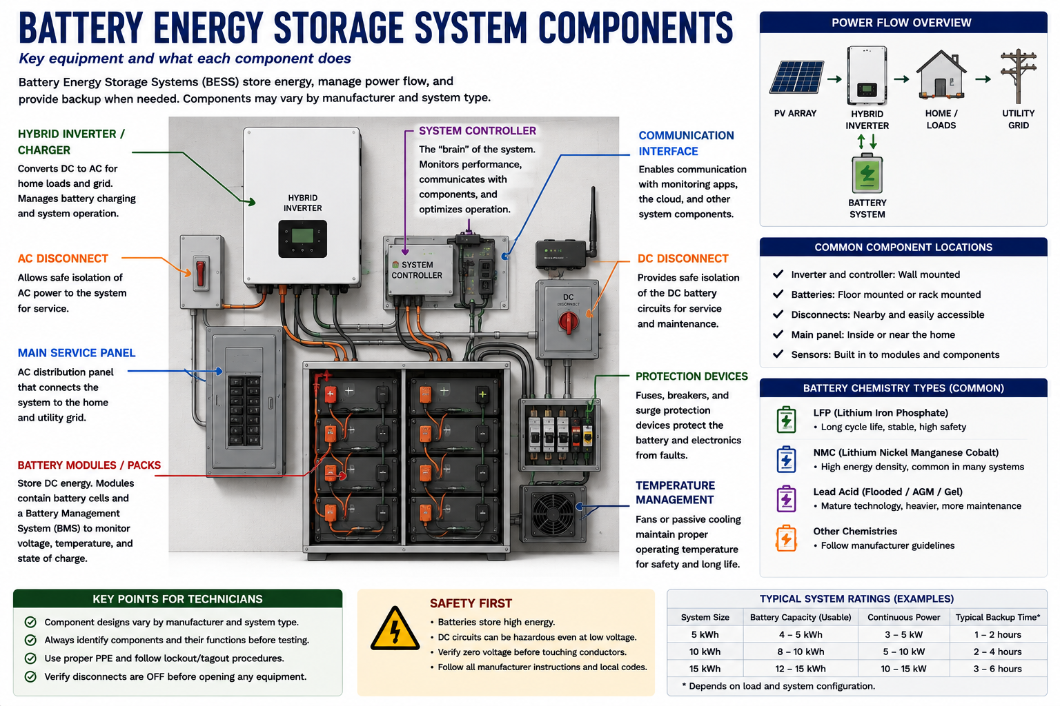 Major components of a photovoltaic battery energy storage system including PV generation, power conversion, battery, transfer equipment, utility connection, metering, and loads
