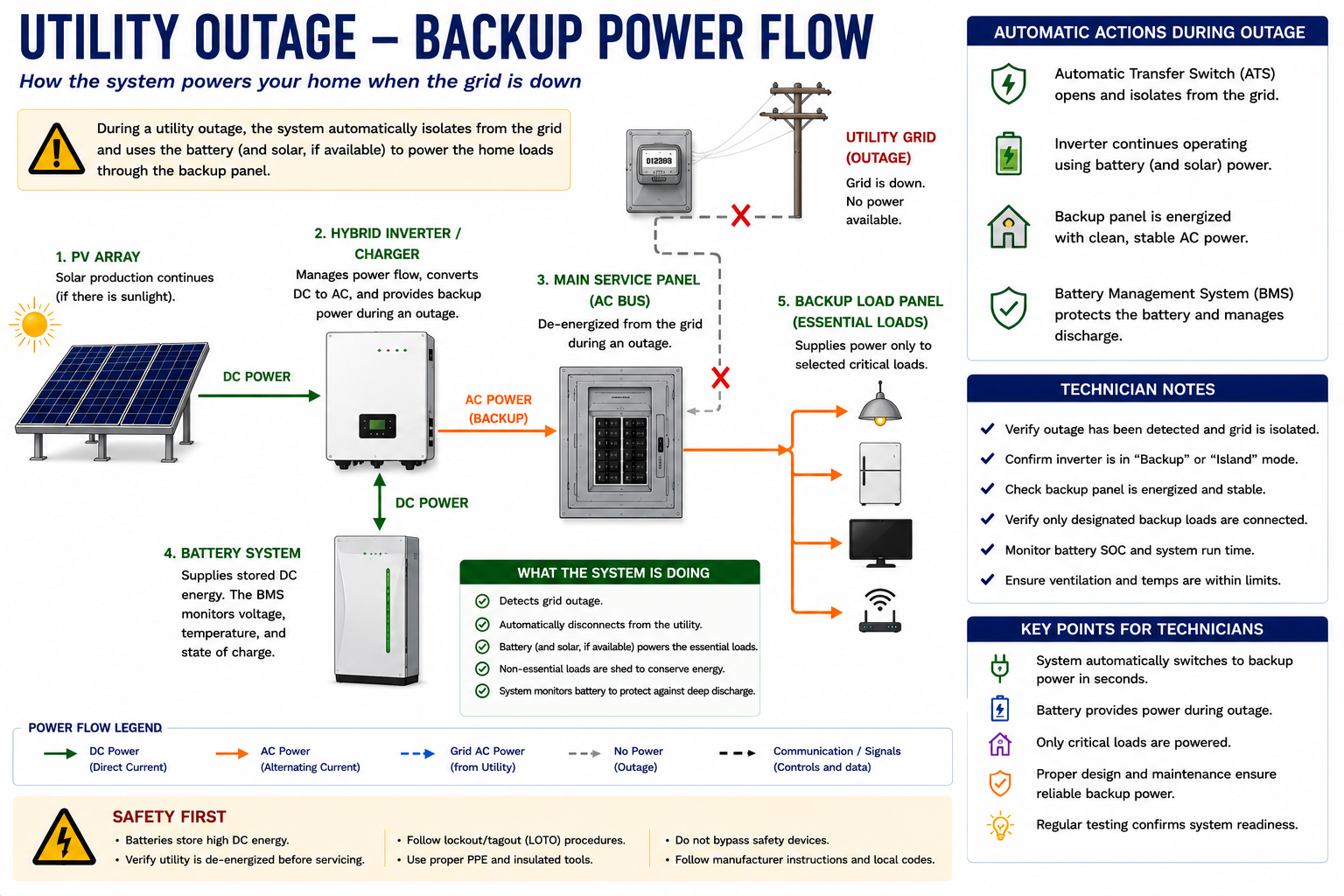 Utility outage battery backup power flow showing utility isolation and battery energy supplying backed-up electrical loads