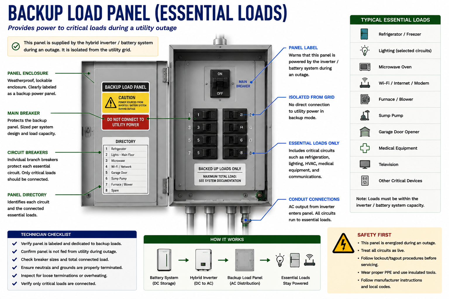 Battery backup load panel showing selected backed-up circuits separated from non-backed-up building loads