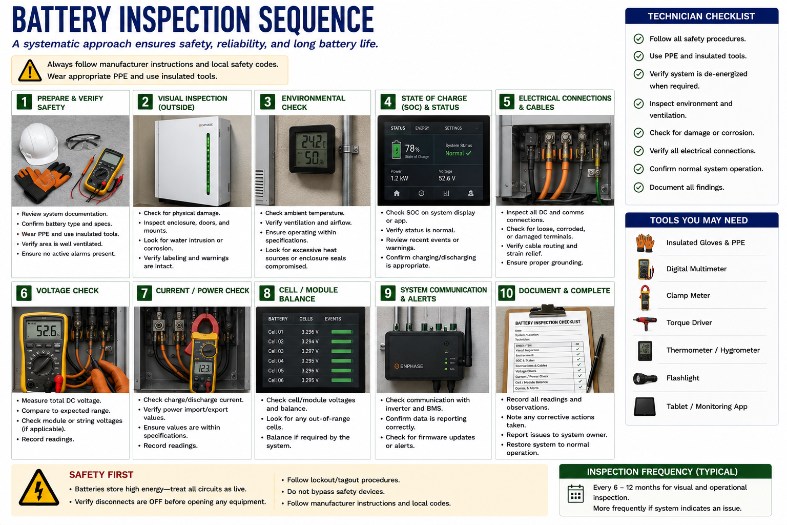 Systematic battery energy storage system inspection sequence from site assessment through equipment, wiring, disconnect, battery, and final condition evaluation