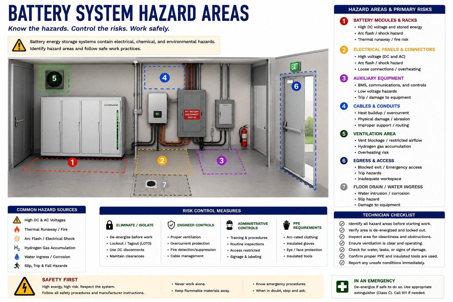 Battery energy storage system hazard areas showing utility AC, photovoltaic circuits, battery energy, power conversion equipment, disconnects, and backup circuits