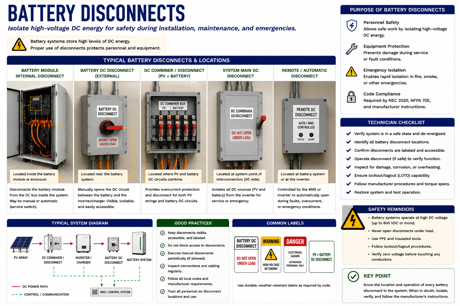 Battery energy storage system disconnect locations including utility AC, PV, battery, inverter, and backup system disconnecting means
