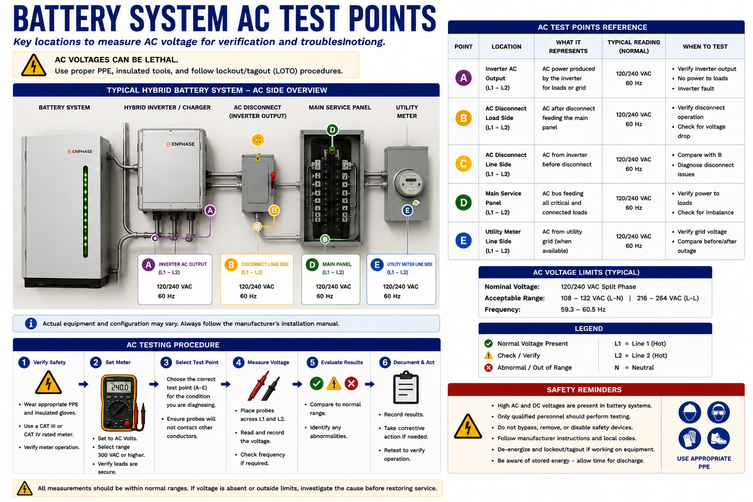 Battery energy storage AC test points at utility distribution, power conversion equipment, transfer equipment, backup distribution, and supported loads